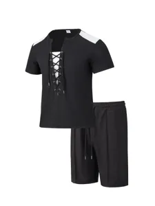 Men casual waffle short sleeve t-shirt and shorts set with lace-up front for summer.