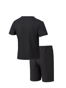 Black casual short-sleeve t-shirt and shorts set, waffle knit texture, detailed view.
