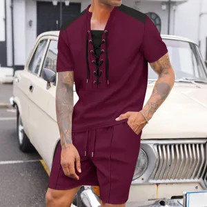 Men's casual lace-up short sleeve t-shirt and shorts two piece set for summer.