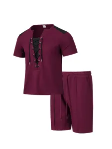 Men casual lace-up waffle short sleeve t-shirt and matching shorts detail view design.