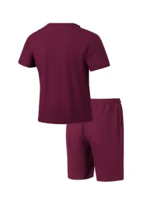 Detailed back view of the maroon short sleeve waffle textured t-shirt and shorts set.