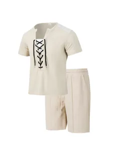 Men waffle knit short sleeve t-shirt and shorts set casual lace up two piece outfit.