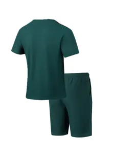 Dark green short-sleeve crewneck t-shirt and drawstring shorts set back detail view.