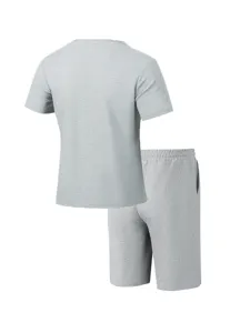Grey casual t-shirt and shorts set, short sleeve crewneck top with drawstring shorts.