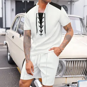 Men's casual summer two-piece set short sleeve t-shirt and shorts with lace-up details.