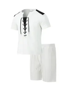 Men's casual waffle knit two-piece set short sleeve t-shirt and shorts with drawstring.