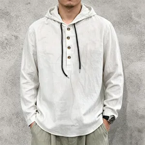 Men's casual long sleeve linen hoodie with buttons spring autumn breathable pullover top
