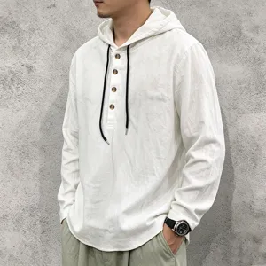 Men's casual long sleeve linen hoodie with buttons, lightweight spring autumn hooded top.