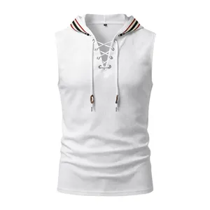 Sudadera sin mangas casual holgada de punto gofrado para hombre con cordón y forro de capucha.