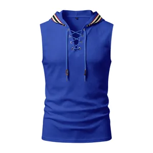 Camiseta sin mangas azul para hombre sudadera con capucha cordón tejido nido abeja verano