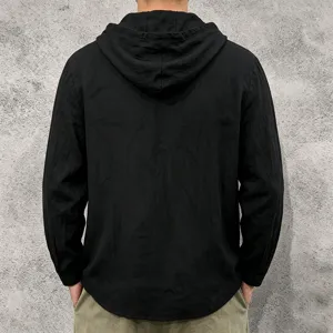 Men black long sleeve hooded linen shirt casual loose spring autumn top breathable basic wear