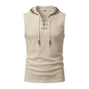 Camiseta de tirantes sin mangas con capucha de gofre informal para hombre beige.