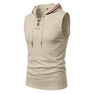 Camiseta sin mangas con capucha de punto de gofre casual para hombre con cordón.