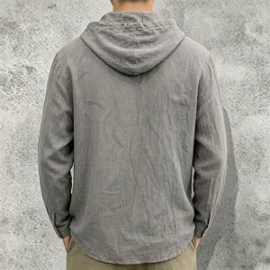 Mens casual long sleeve linen hoodie lightweight button up hooded shirt for men grey