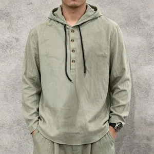 Men's casual linen hoodie long sleeve pullover shirt with buttons and drawstring.