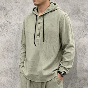 Men's Long Sleeve Linen Hoodie Casual Button Pullover Spring Autumn Lightweight Top