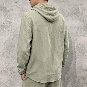 Back view detail of mens linen long sleeve hooded shirt casual loose top lightweight green.