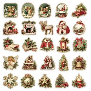Vintage Christmas stickers set, 50pcs waterproof decorative decals for laptop and journal.