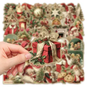 Retro Christmas gift box sticker close-up, waterproof journal and laptop decorative sticker.