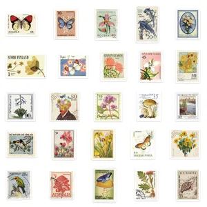 Vintage postage stamp stickers set aesthetic plant butterfly waterproof journal DIY decor 50pcs
