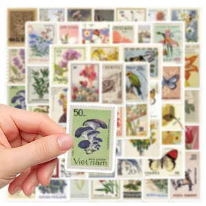 Vintage stamp stickers detail, retro botanical and animal decorative waterproof art for crafts.