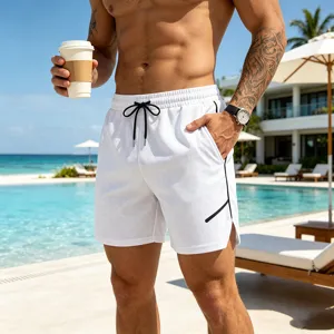 Men's quick-dry mesh casual sports beach shorts with drawstring and zipper pockets.