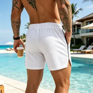 Detail view of men's quick-dry mesh athletic shorts with side zipper pockets and drawstring.