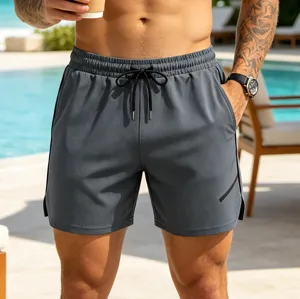 Detailed view of men's breathable mesh athletic shorts with quick-dry fabric and drawstring waist.