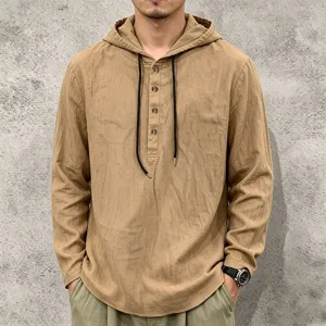 Men's casual long sleeve linen hoodie with button placket and drawstrings. Detail view.