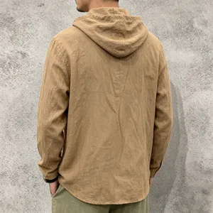 Back view detail of a mens casual long sleeve linen hoodie in khaki, showing texture and fit.