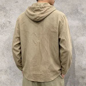 Men's casual long sleeve hooded linen shirt detail view, breathable lightweight fabric.