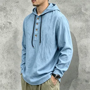 Men's lightweight linen hoodie shirt long sleeve casual button top apparel detail view