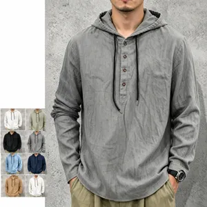 Men's Casual Linen Hooded Long Sleeve T-Shirt Thin Loose Henley Hoodie Solid Color Pullover Top Breathable Beach Shirt