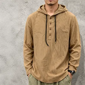 Men's Casual Long Sleeve Linen Hooded Shirt Loose Fit Pullover Top for Men Summer Spring