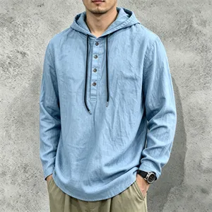 Men's casual long sleeve linen hoodie with buttons, lightweight pullover top for spring and autumn.