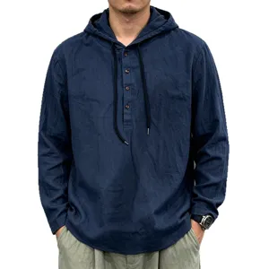 Men's casual long sleeve hooded linen shirt breathable spring autumn pullover top