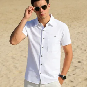 Men's casual white short sleeve linen shirt, classic lapel design for summer beach wear.