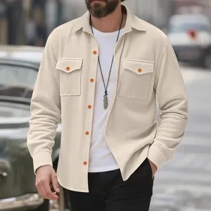 Chemise casual en velours côtelé pour homme à manches longues, veste élégante à revers.