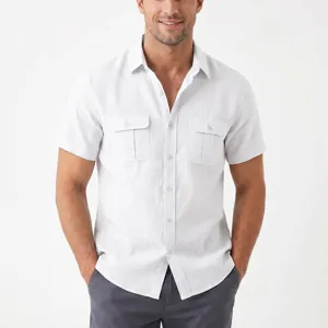 Men's white short sleeve linen utility shirt, casual button-down top with dual chest pockets.