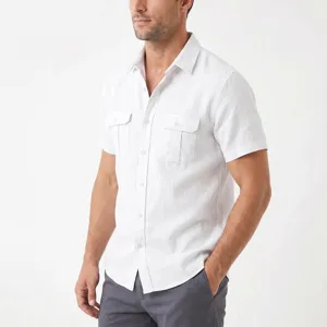 Men's casual short sleeve white work shirt with dual chest pockets for summer wear.