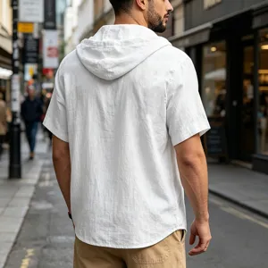 Back detail view of a white short sleeve hooded linen shirt for men, casual summer beach wear.