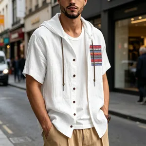 Detail shot of men's bohemian linen hooded short sleeve shirt with ethnic pocket in city street
