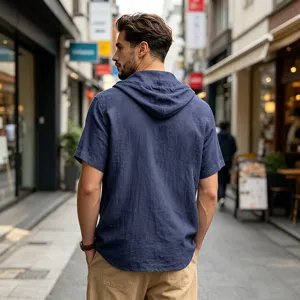 Men's summer linen short sleeve casual loose breathable hooded t-shirt street detail view.