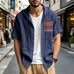 Men's Summer Casual Linen Short Sleeve Hooded Shirt with Bohemian Pocket Blue Top