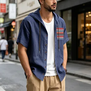 Men short sleeve hooded linen shirt bohemian casual summer top breathable pocket wear