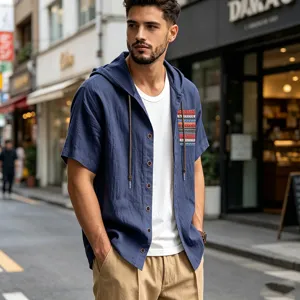 Men's short sleeve linen hooded shirt detail view, breathable summer casual beach bohemian top.
