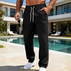 Men's casual loose straight sweatpants with white drawstrings and red side stripe for daily wear.