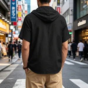 Men's Summer Casual Linen Short Sleeve Hooded T-Shirt Breathable Loose Fit Beach Top