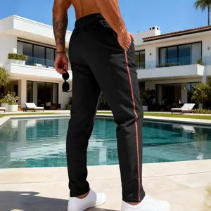 Men's casual sports straight sweatpants in classic black with stylish red side stripes.