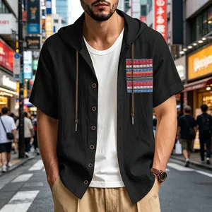 Men Linen Blend Hooded T-Shirt Summer Short Sleeve Boho Ethnic Pocket Breathable Loose Casual Hooded Top For Men Beach Vacation